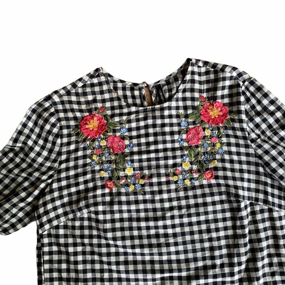 Stradivarius Gingham Bell Sleeved Floral Embroidered Top S - Picture 3 of 8